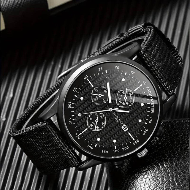 Men's Black Alloy Watch & Bracelet 4 Piece Gift Set