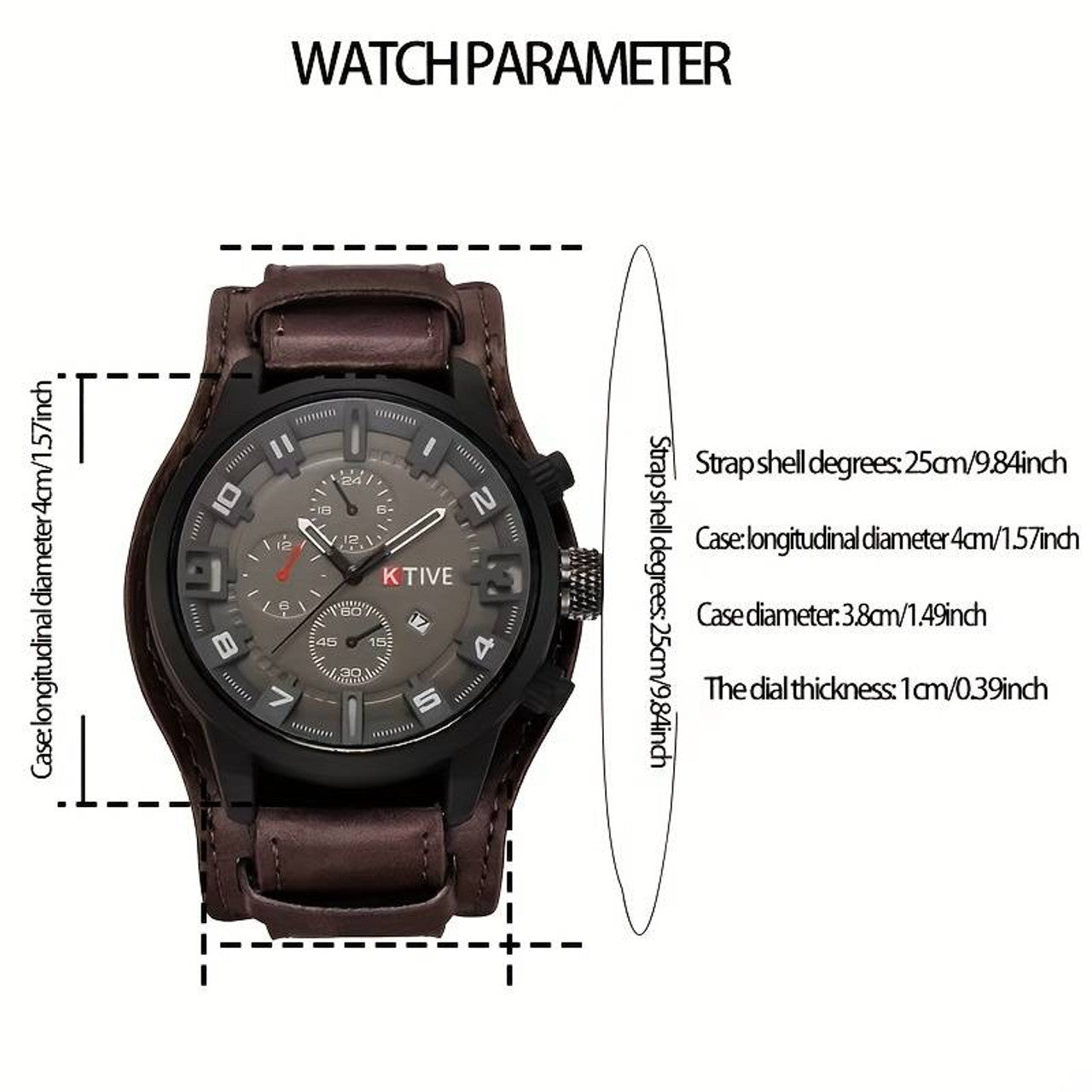 Men's Brown Strap Military Style Watch Black Dial Face