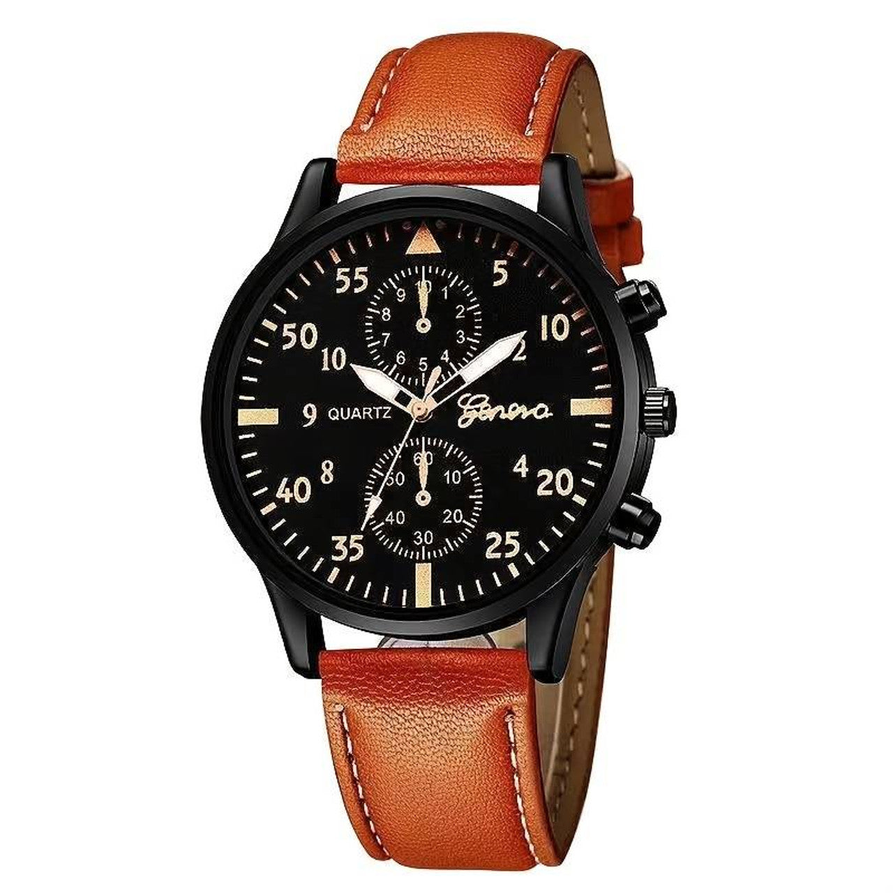 Classic Men's Light Brown Strap Quartz Watch Black Face