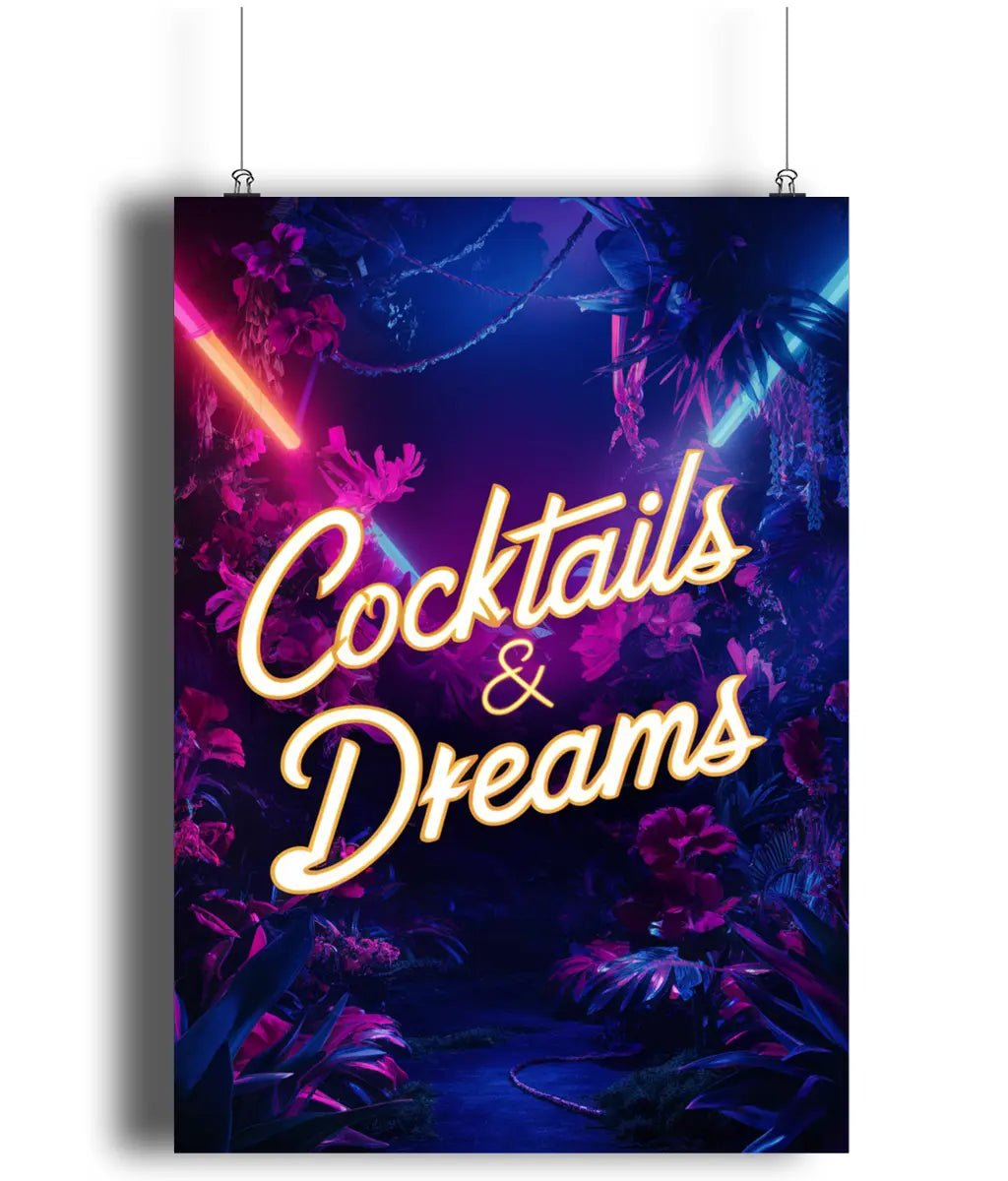 Wall Art Print Sign Cocktails & Dreams Neon Effect Jungle