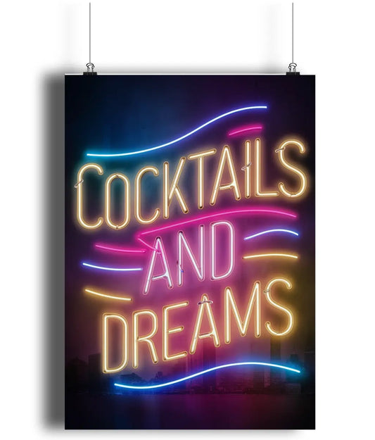 Wall Art Print Sign Cocktails & Dreams Neon Effect