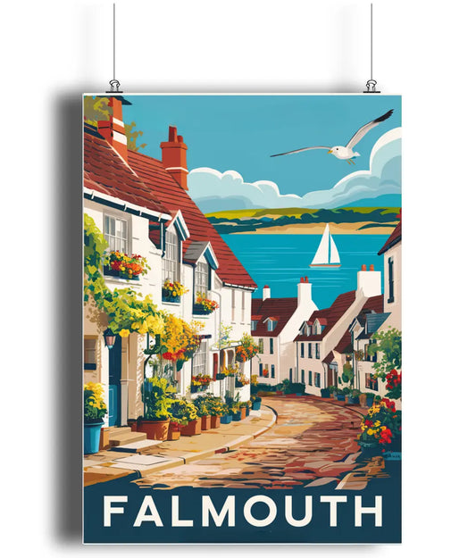 Vintage Travel Poster Wall Art Print Falmouth Houses Scene