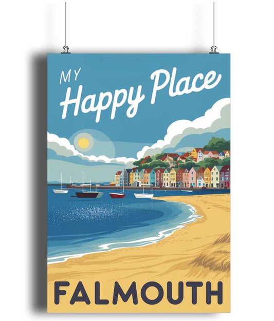 Vintage Travel Poster Wall Art Print Falmouth Cornwall My Happy Place Gifty Print