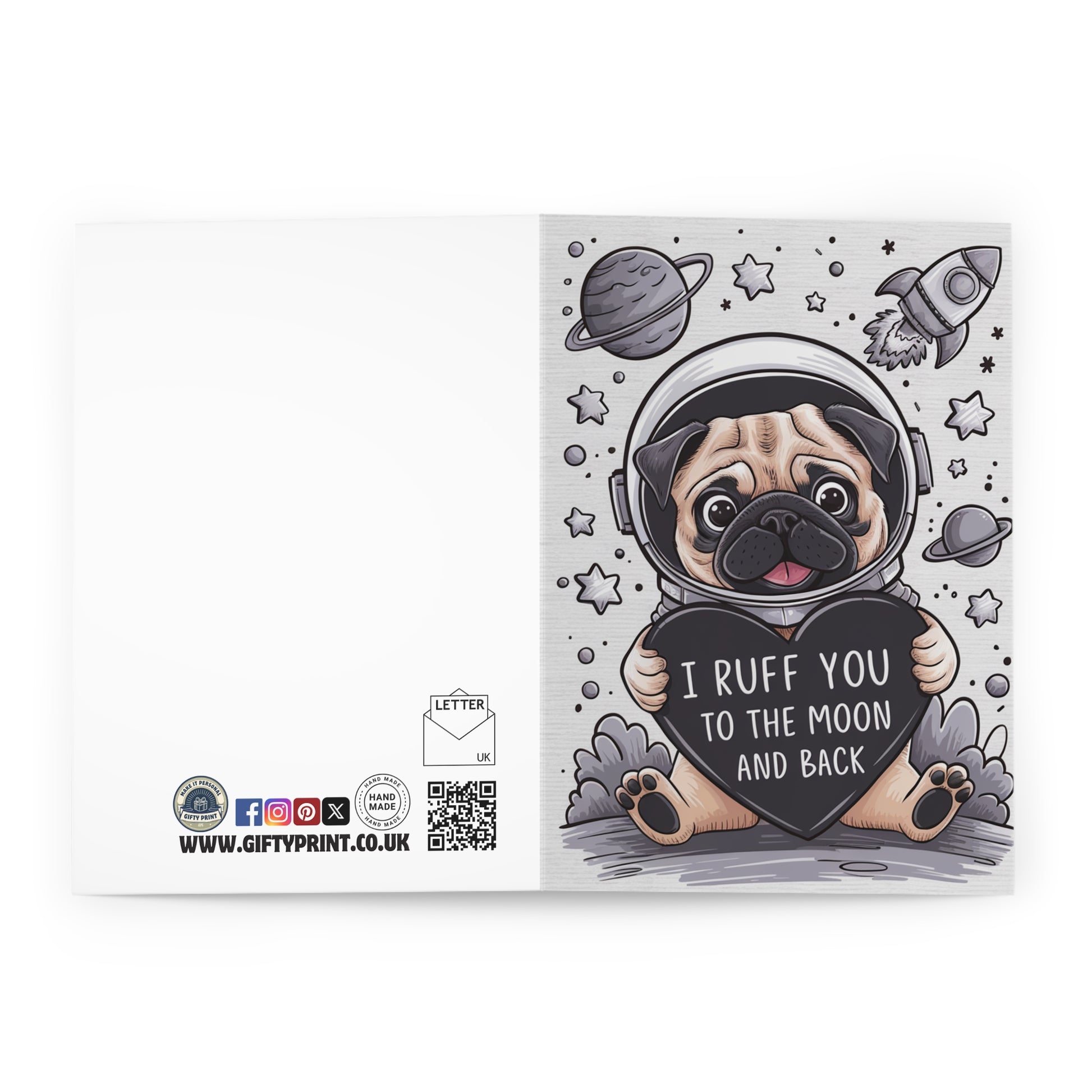 Open Valentines Day Card Pug Dog Ruff You To The Moon & Back