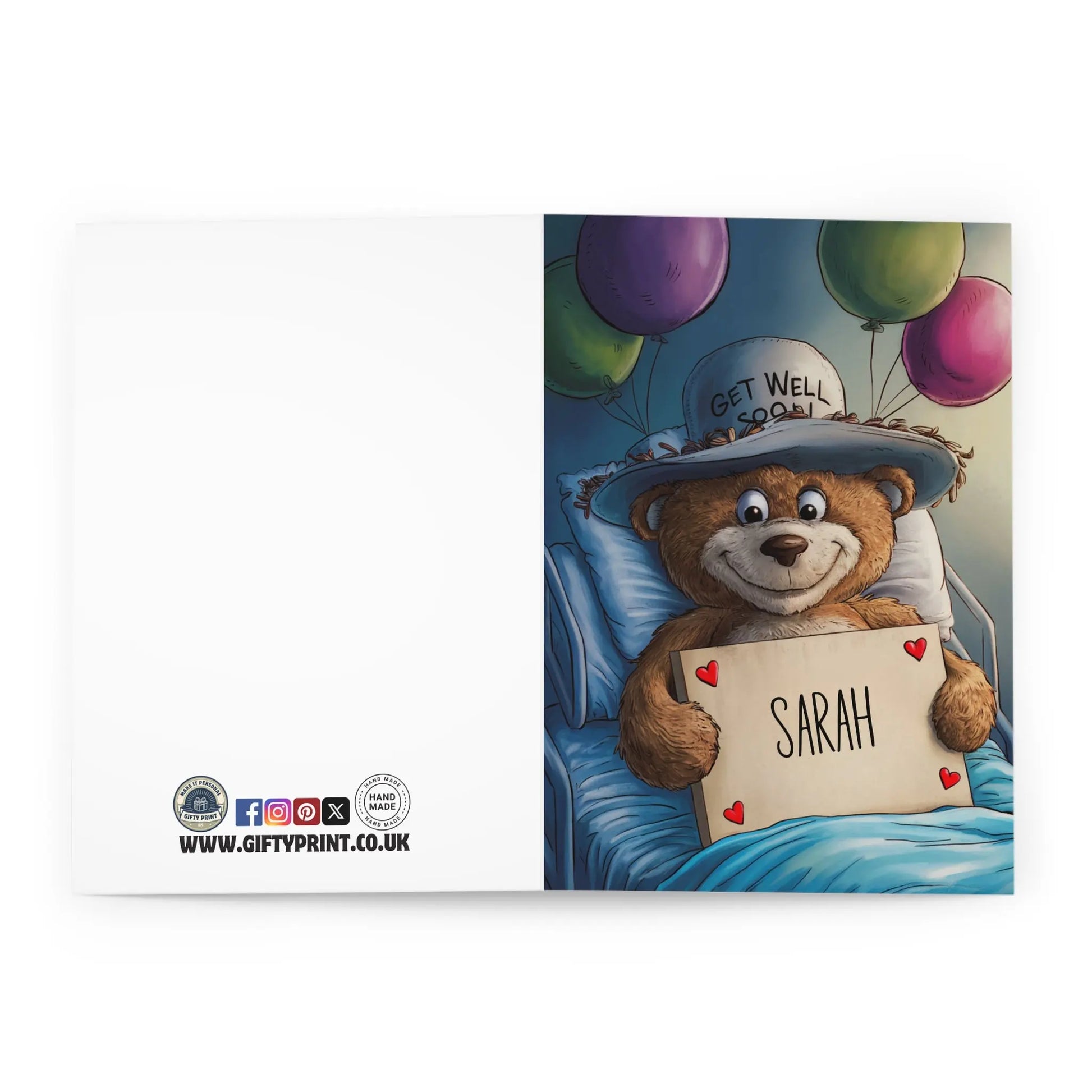 open view of Get Well Soon Card Personalised Bear With Balloons