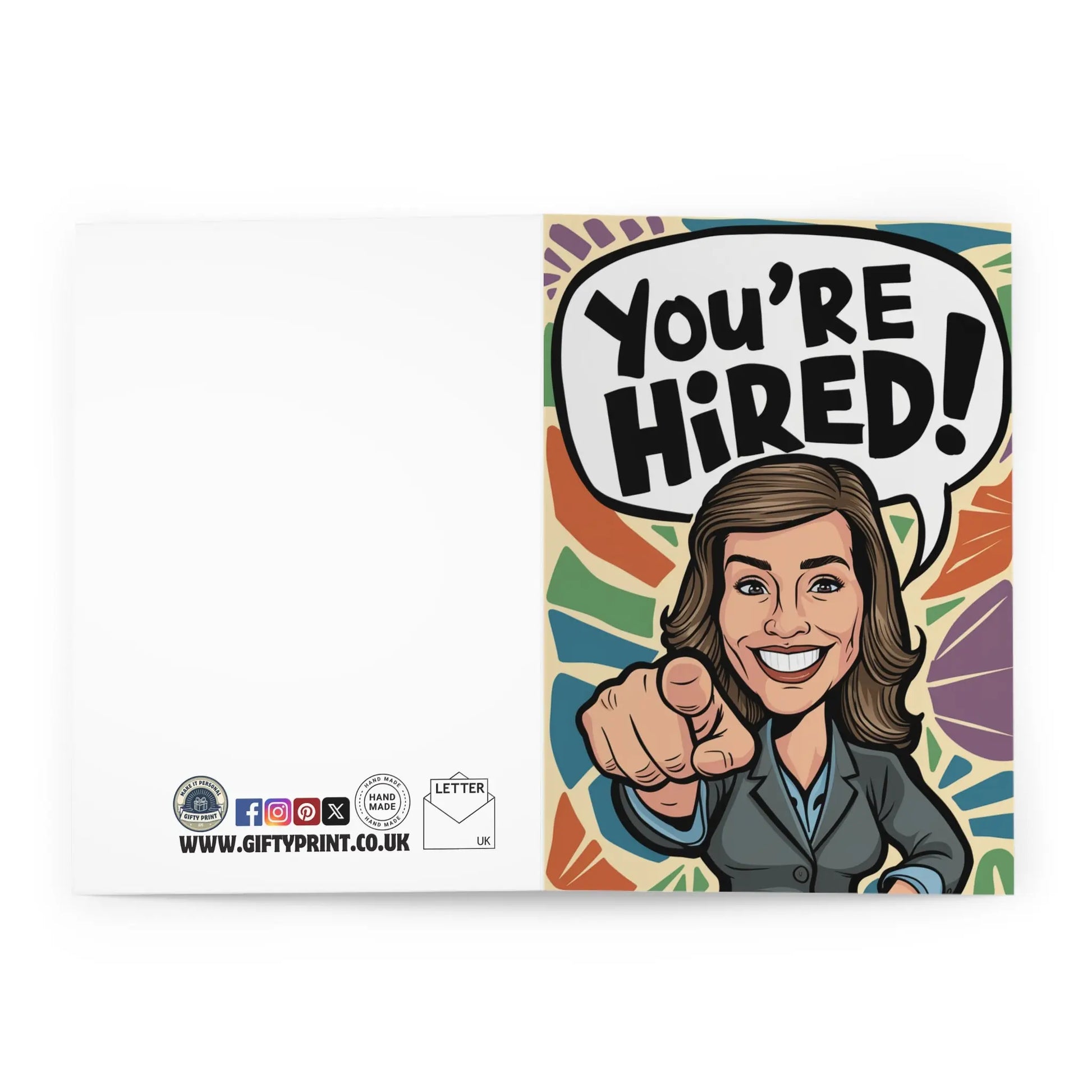 open Congratulations New Job Card You're Hired Suited Woman