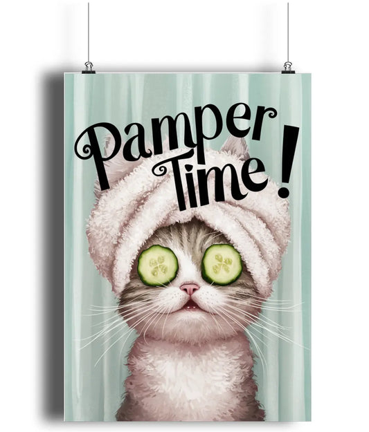 Bathroom Art Pamper Time Cat with Towel On Head