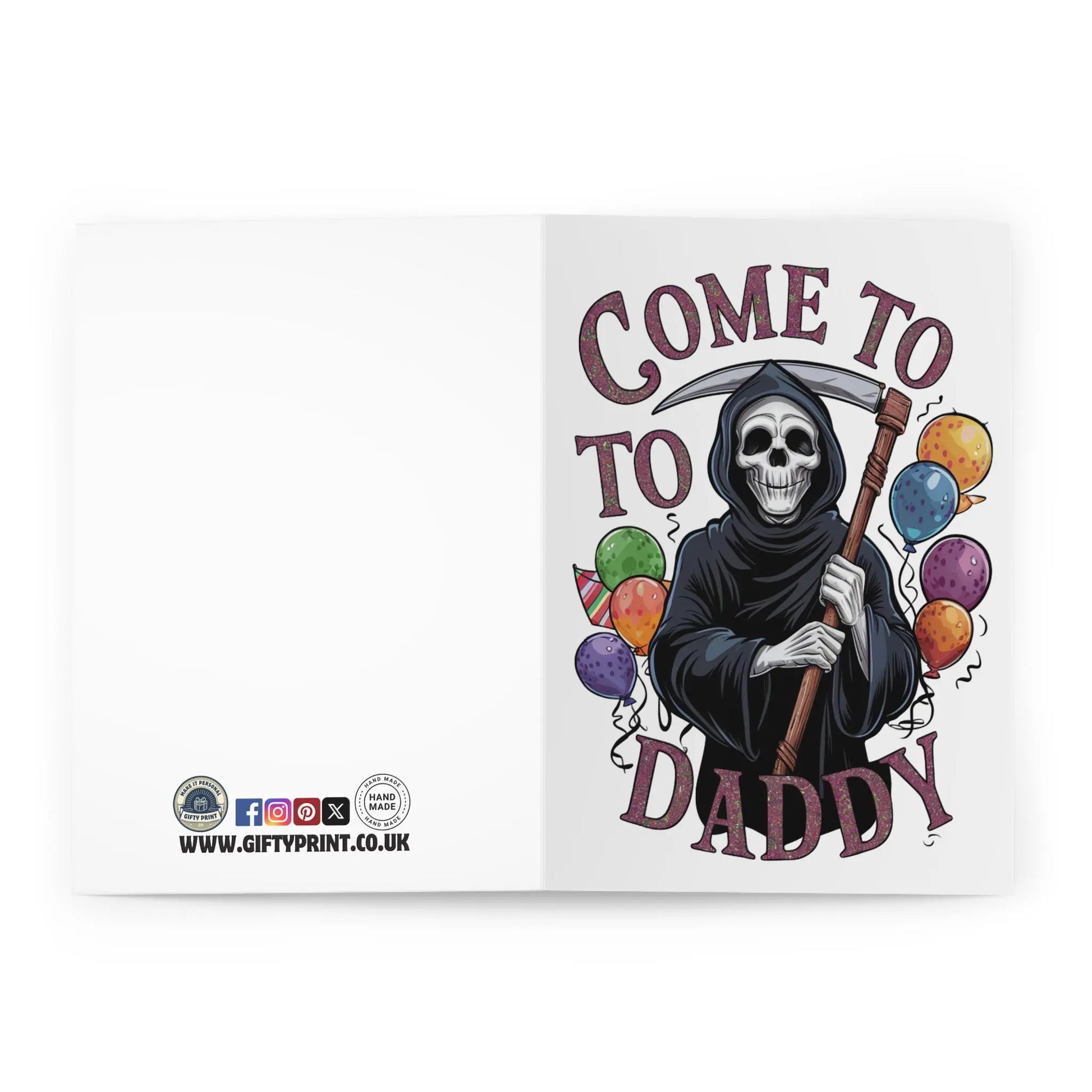 open view of Birthday Card Funny Grim Reapers Come To Daddy