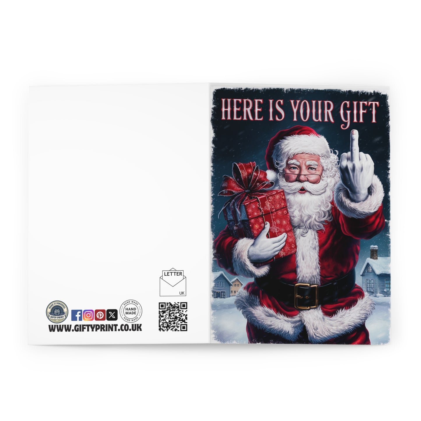 Christmas Card Rude Santa Here Is Your Gift Middle Finger open