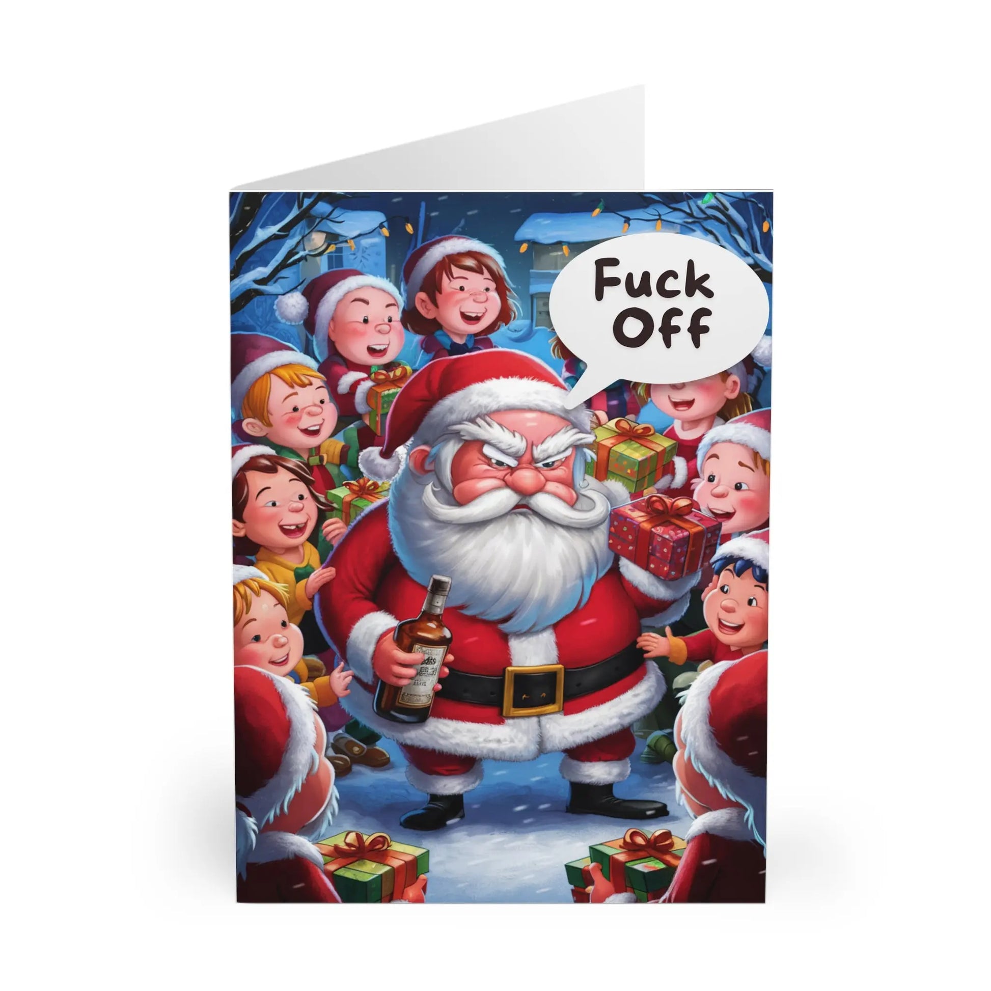 front of Christmas Card Santa Telling The Kids To Fuck Off