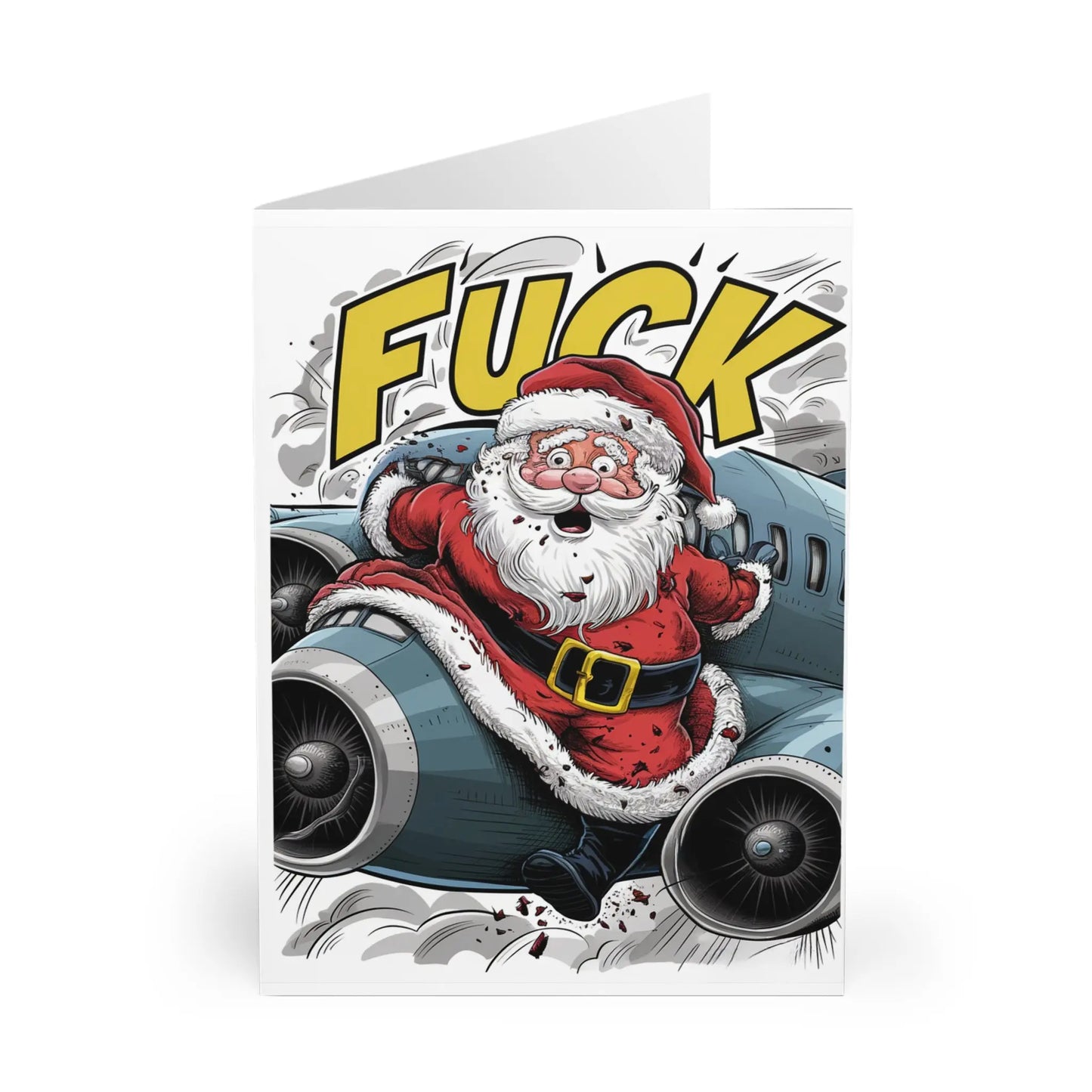 front of Christmas Card Funny Santa Hit By Jumbo Jet Plane