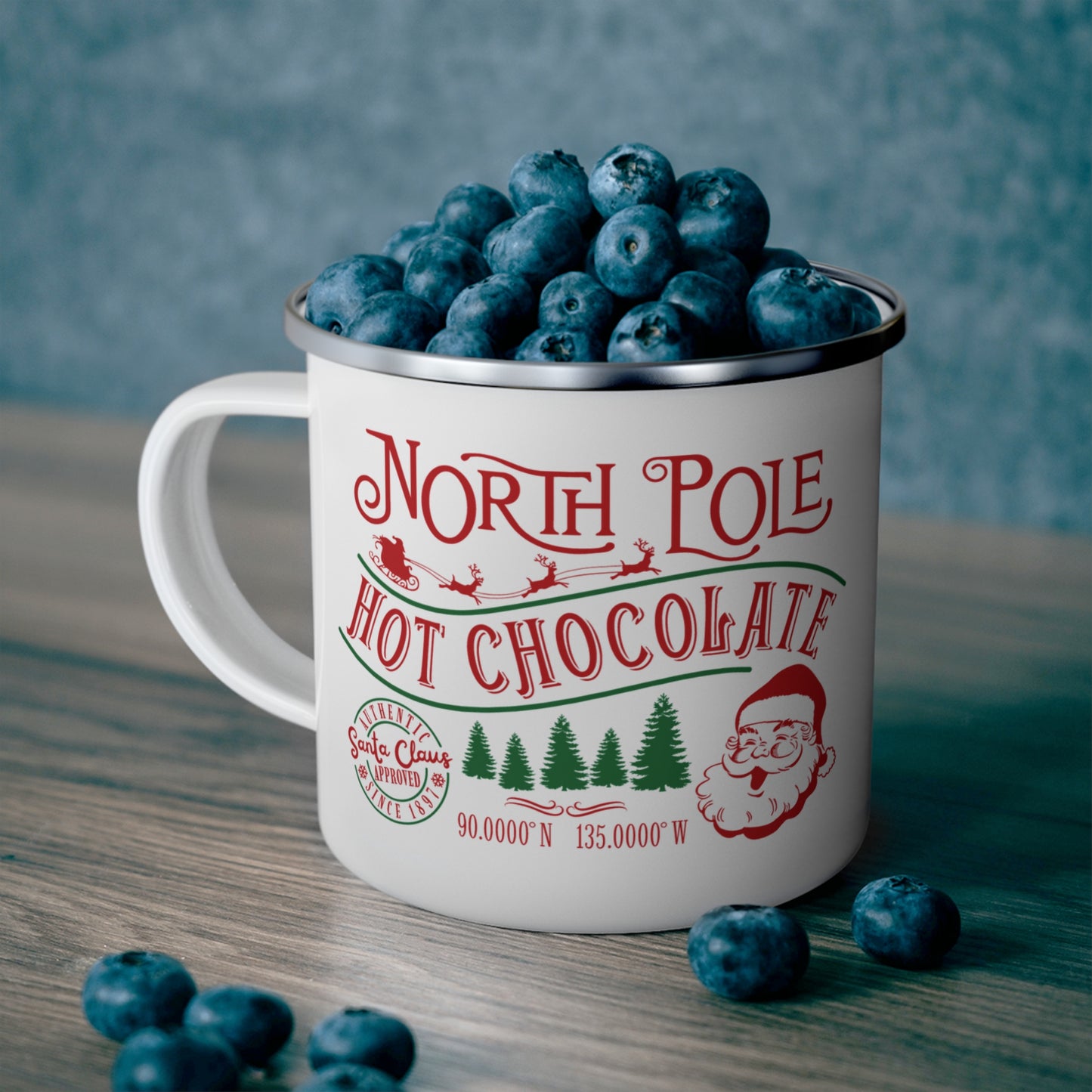 Personalised Children's Mug North Pole Hot Chocolate Enamel Mug context