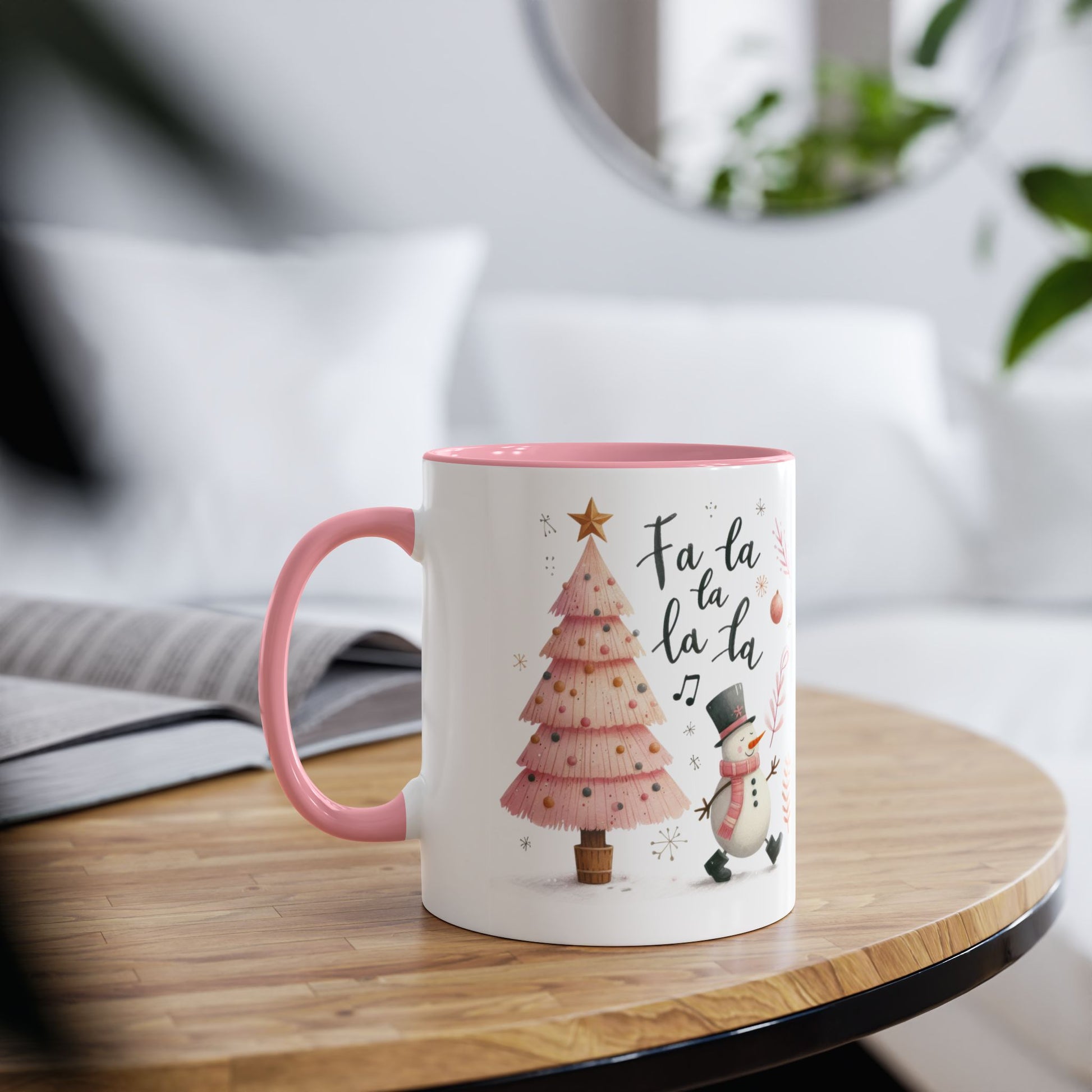 Context Personalised Pink Christmas Mug Snowman Fa La La