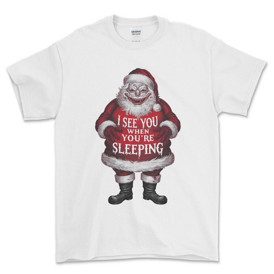 White Christmas T Shirt I See You When You're Sleeping Santa