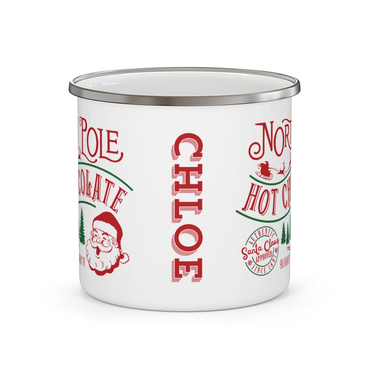 Front Personalised Children's Mug North Pole Hot Chocolate Enamel Mug