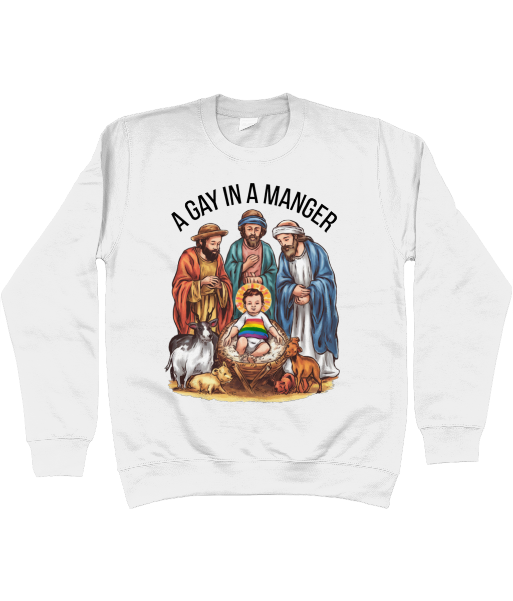 A Gay In A Manger Funny White Christmas Jumper 