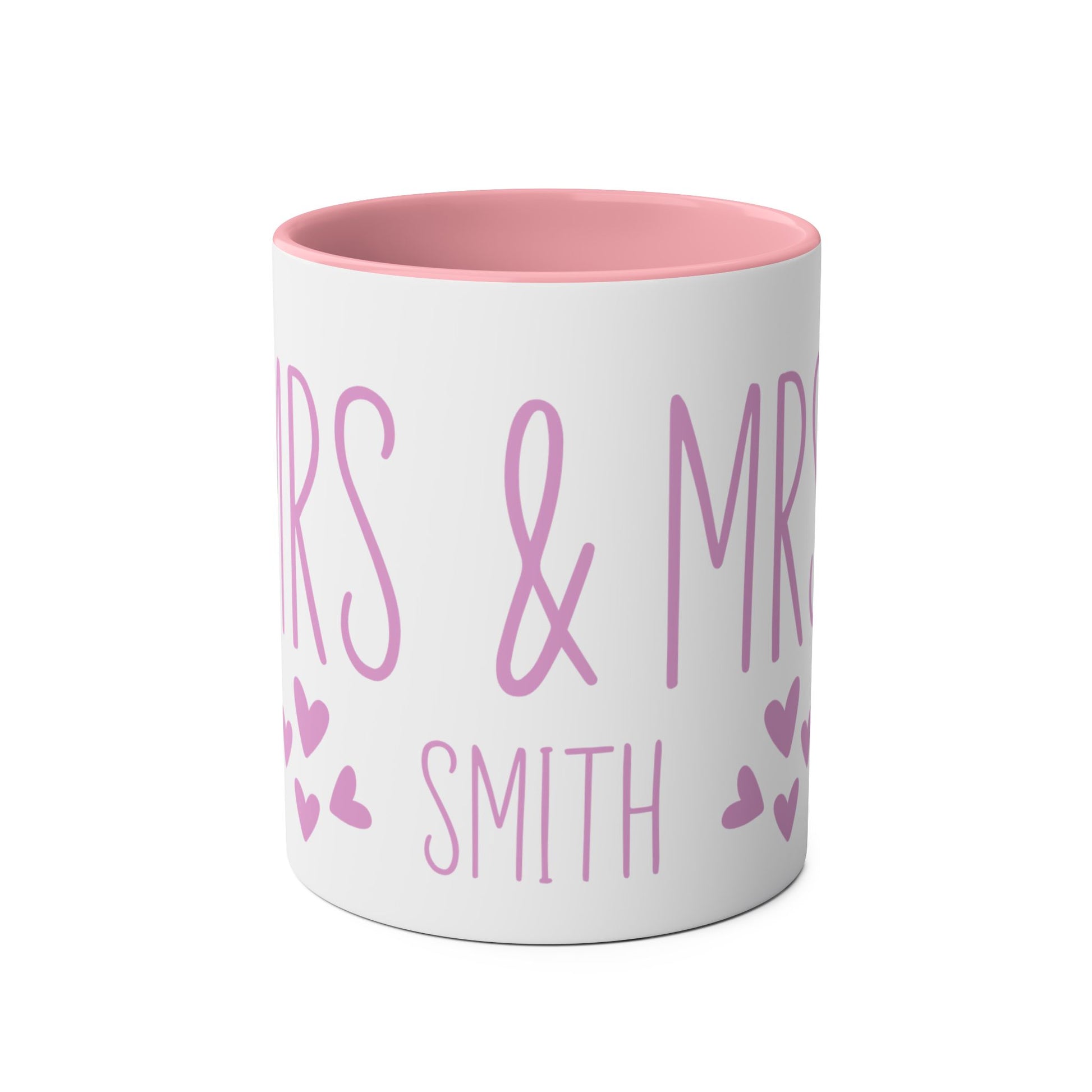 Front Personalised Mrs & Mrs Pink Gay Wedding Gift Mugs