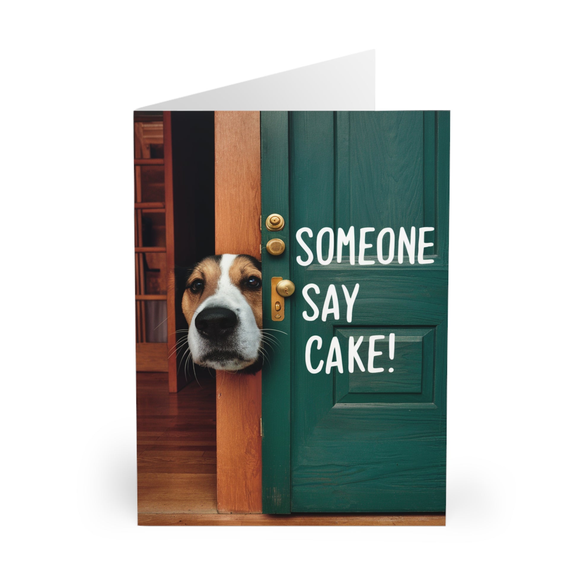 Funny Birthday Card Peeking Dog Someone Say Cake front