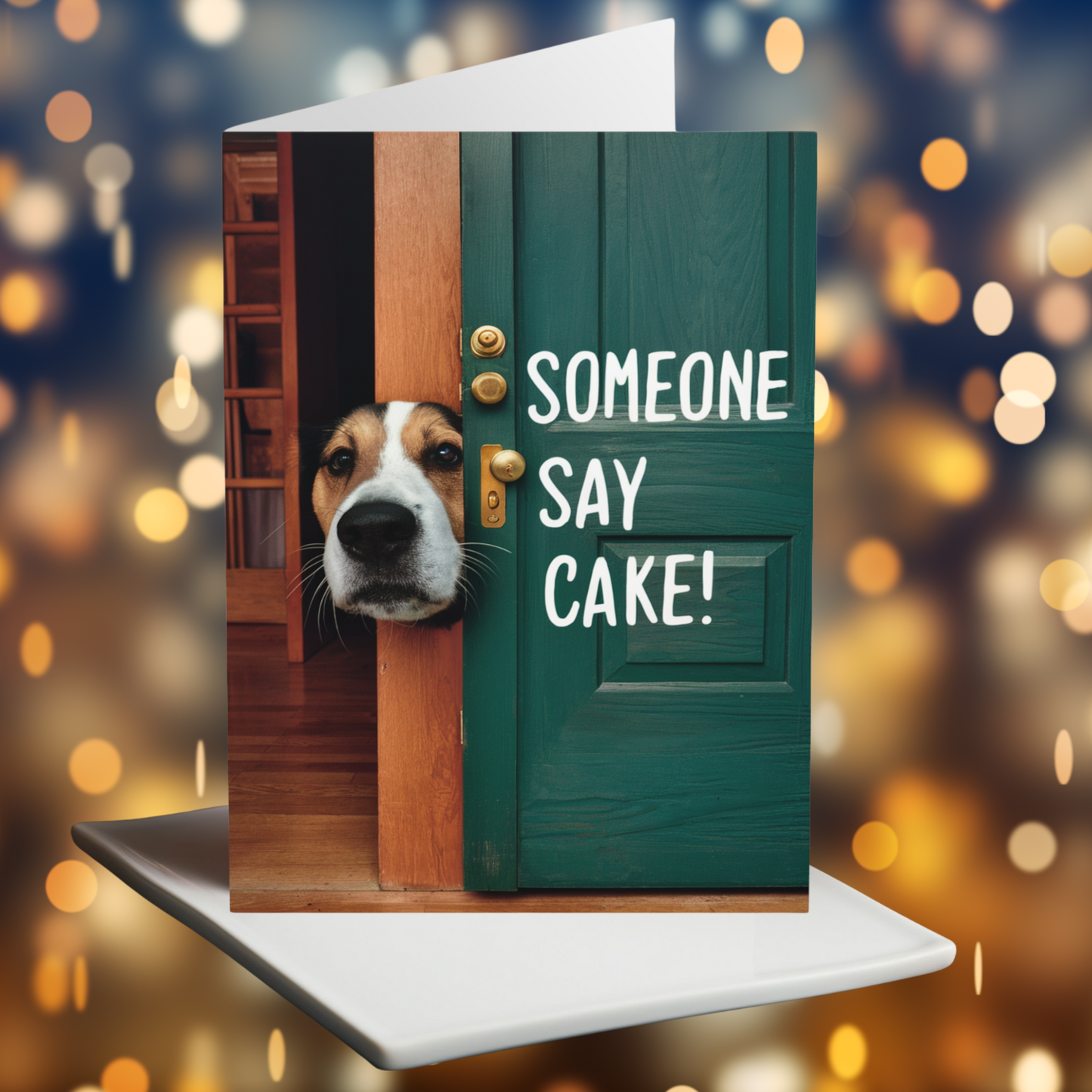 Funny Birthday Card Peeking Dog Someone Say Cake