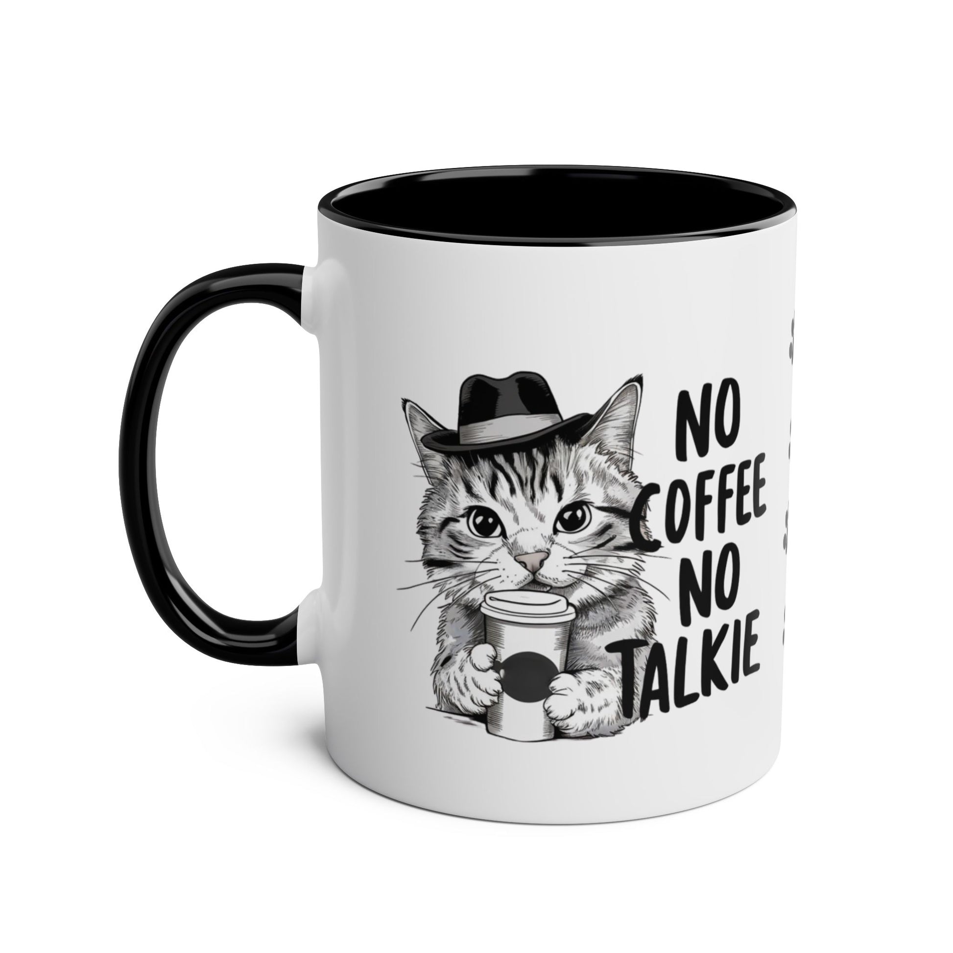 Left Side Funny Cat No Coffee No Talkie Black Mug