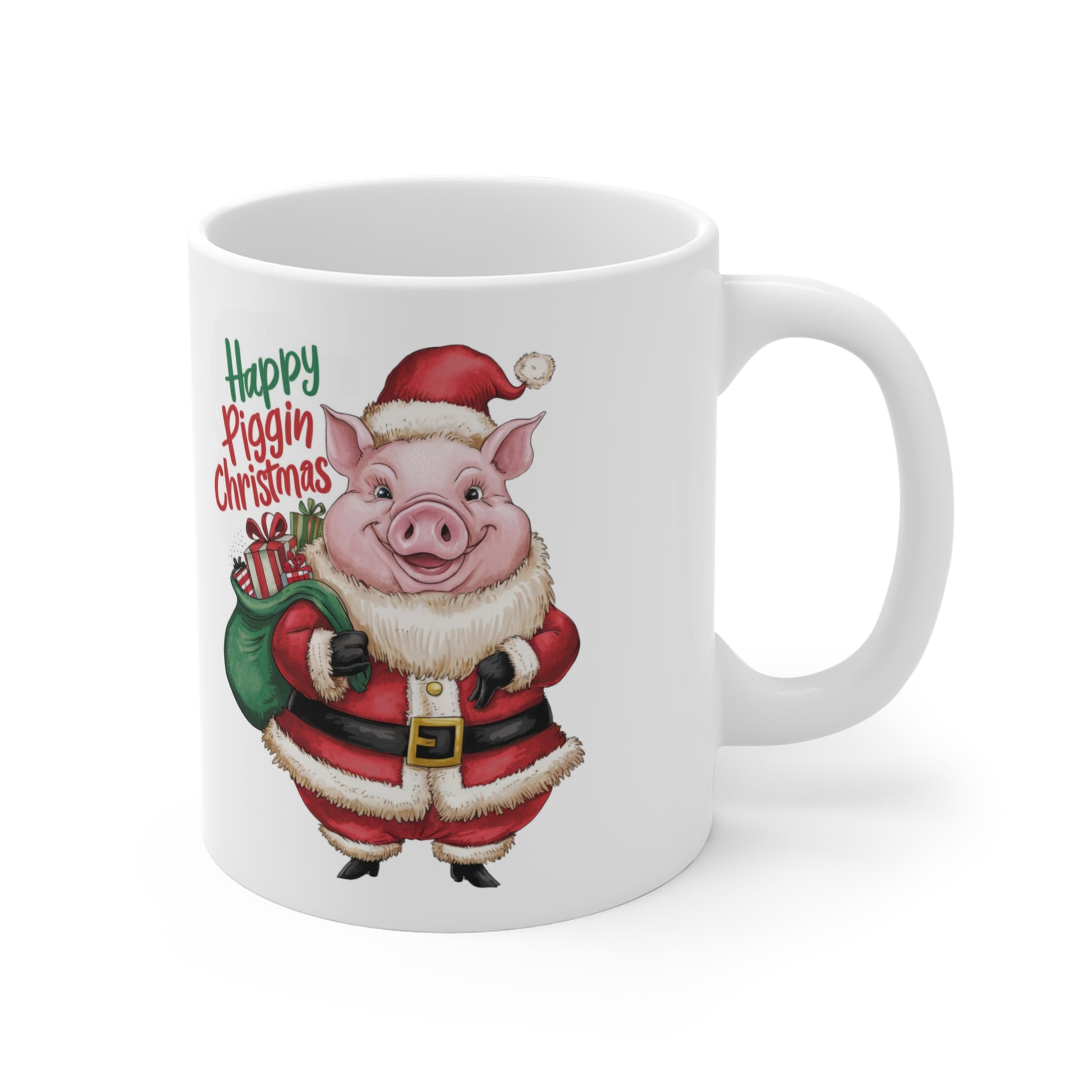 Funny Christmas Mug Happy Piggin Christmas Santa Pig right