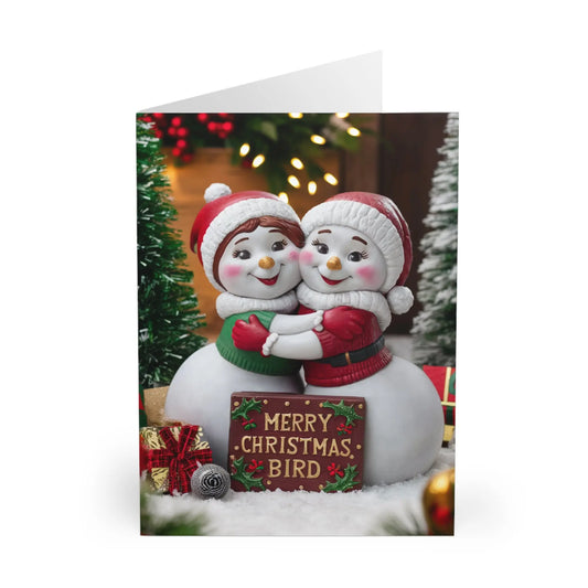 Front Gay Christmas Card Merry Christmas Bird Snowwomen Cuddling