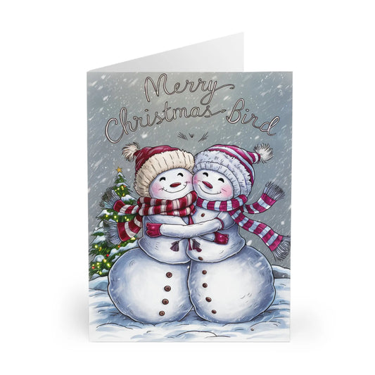 Front Gay Christmas Card Merry Christmas Bird Snowwomen Cuddling