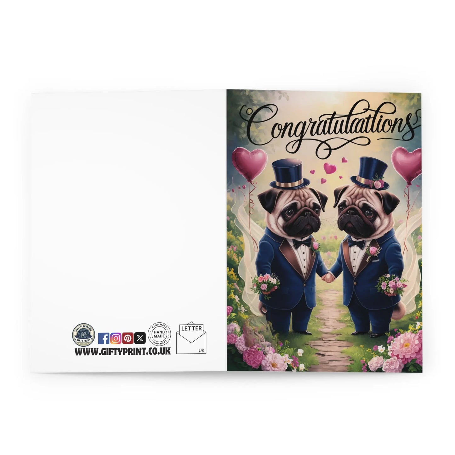 open view Gay Wedding Card Two Pug Dog Grooms