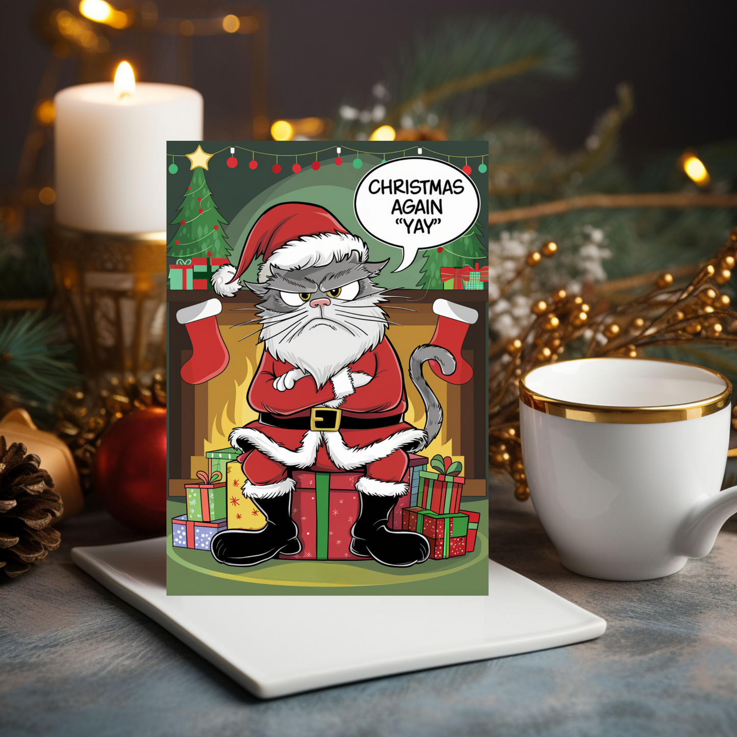 Grumpy Santa Cat Christmas Again Yay Card