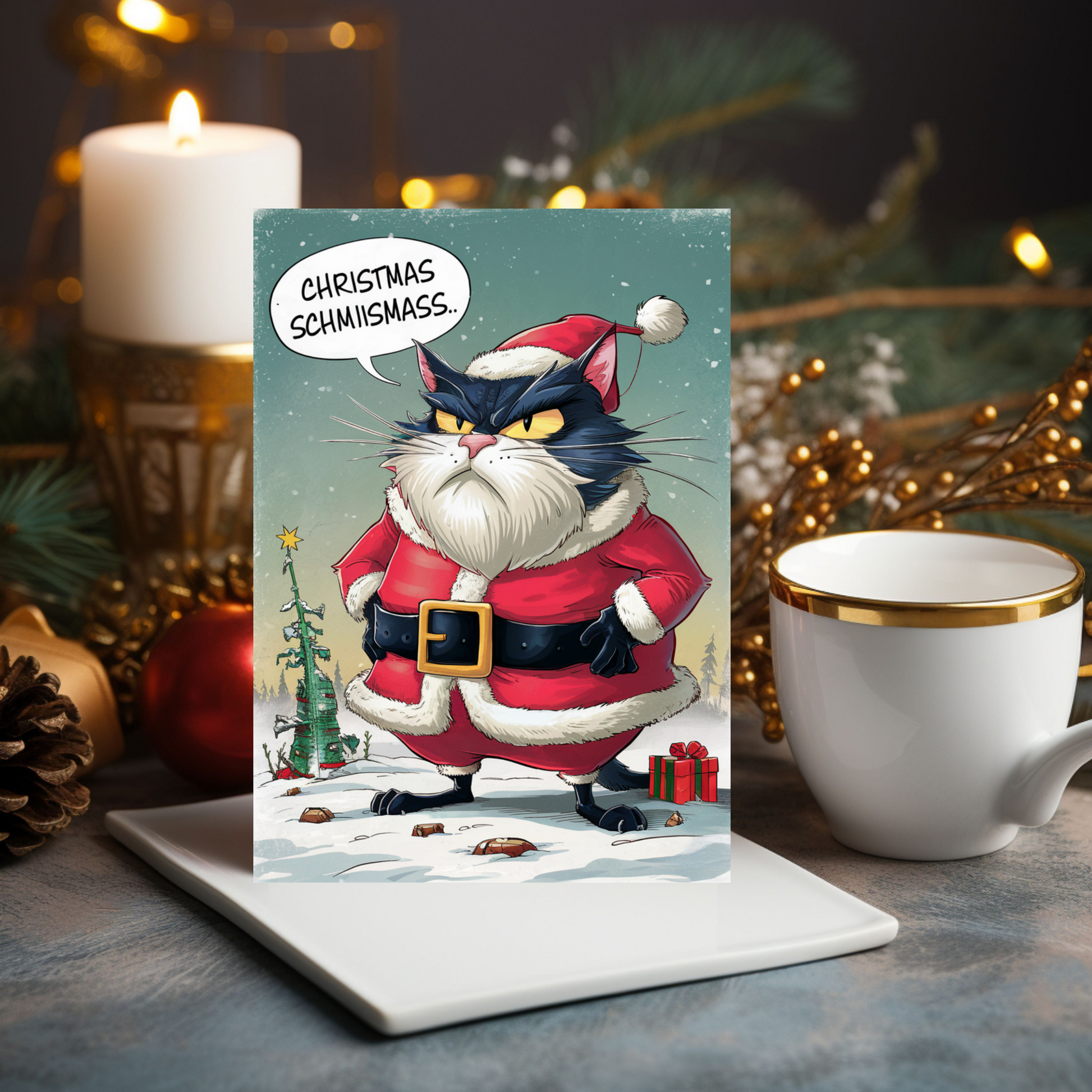 Grumpy Santa Cat Christmas Schmismass Christmas Card