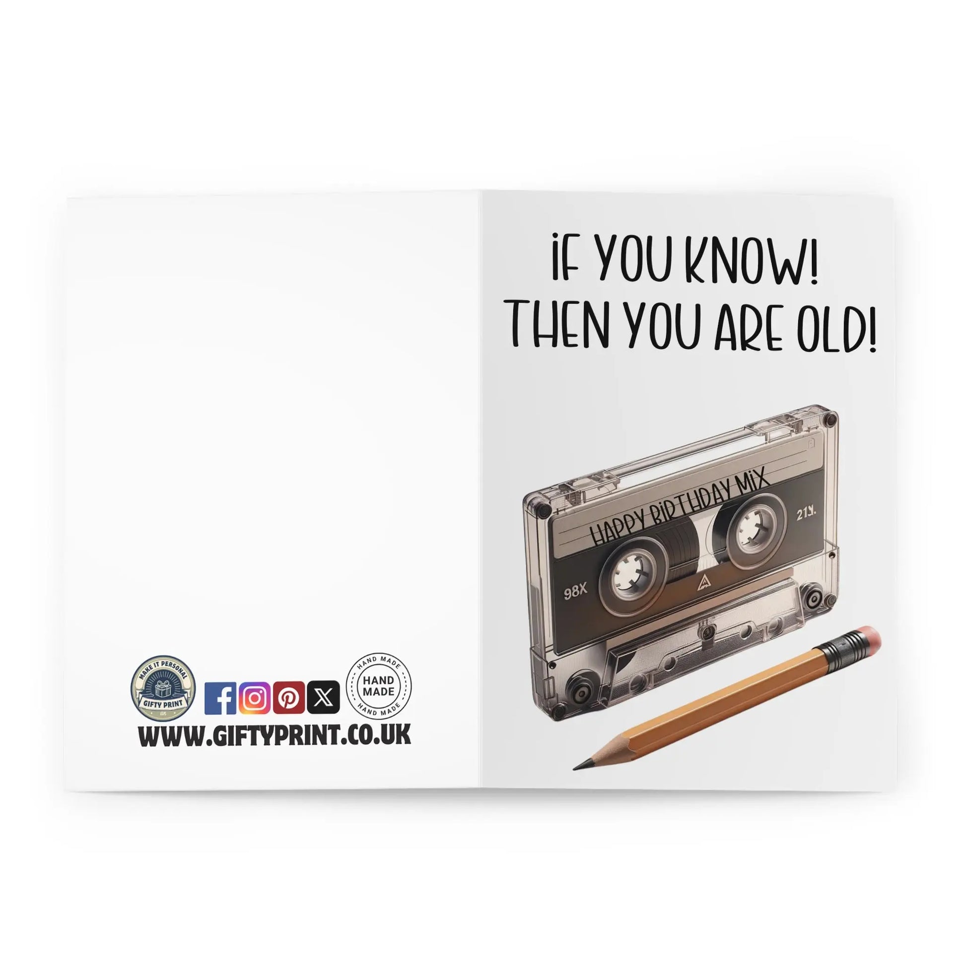 Open View of Birthday Card If You Know Then You Are Old Cassette & Pencil