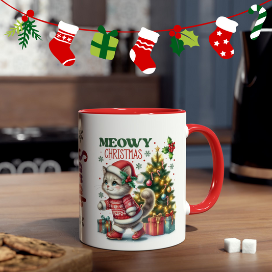 Meowy Christmas Cat Personalised Red Christmas Mug