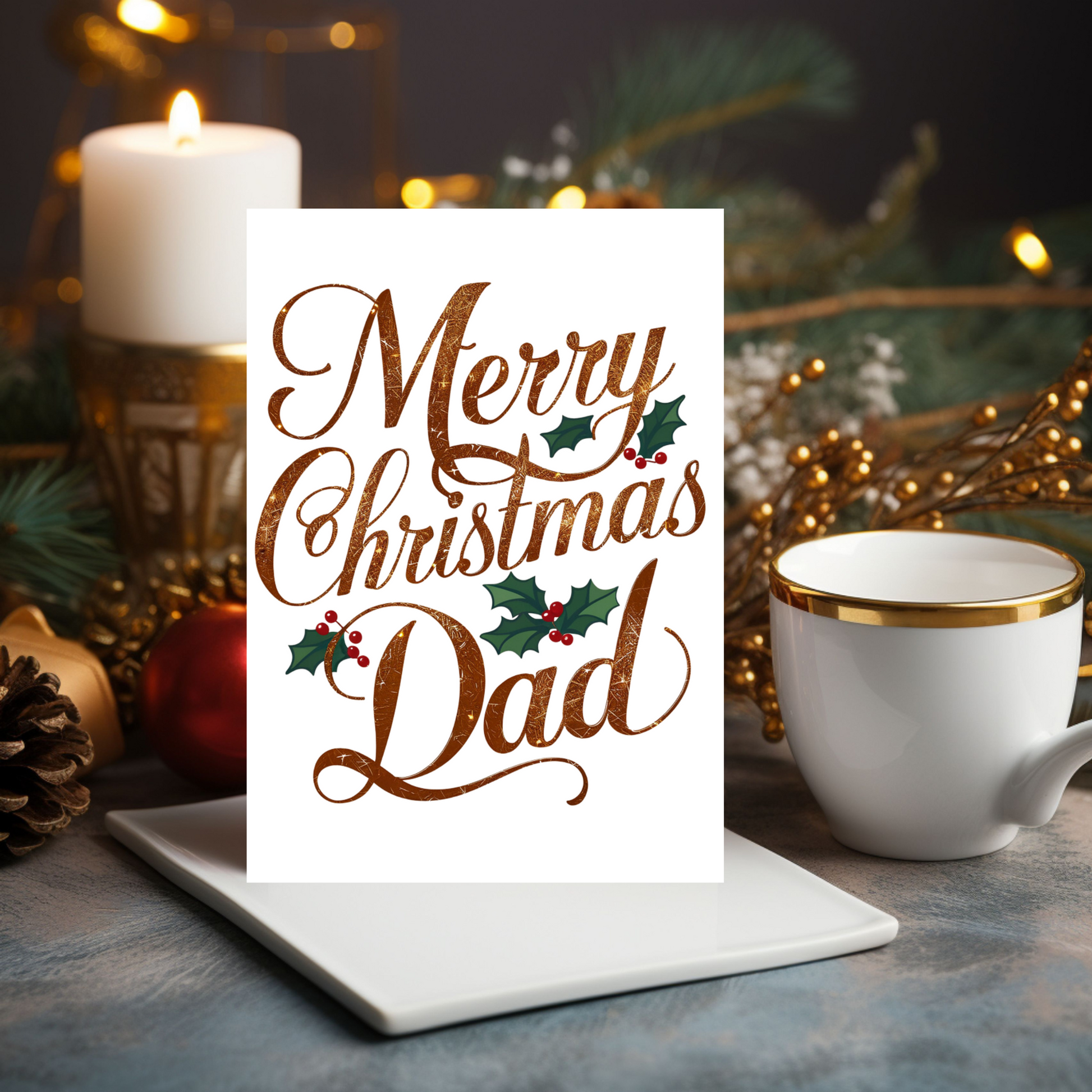 Merry Christmas Dad Holly & Gold Christmas Card