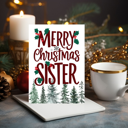 Merry Christmas Sister Pine Trees Christmas Card