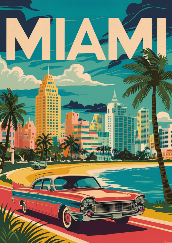 A3 Miami Vintage Travel Poster Print Or Framed