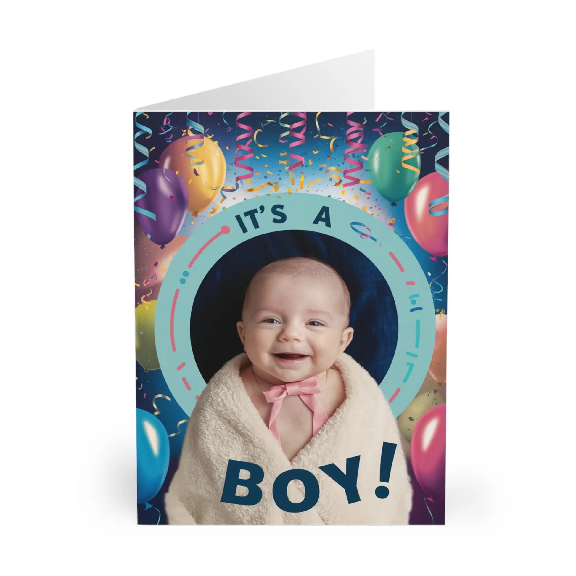 front view of New Baby Boy Card Cute Smiling Baby It's A Boy