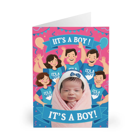 front of New Baby Boy Card It's A Boy Cute Baby Pink & Blue