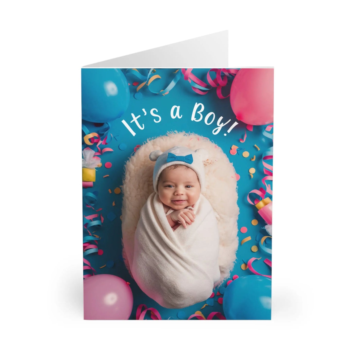 close up New Baby Boy Card It's A Boy Blue Swaddled Baby