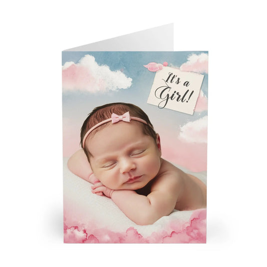 Close up of New Baby Girl Cards It's A Girl Pink Clouds