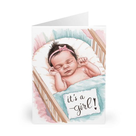 close up view of New baby Girl Card It's A Girl Cute Watercolour Cot