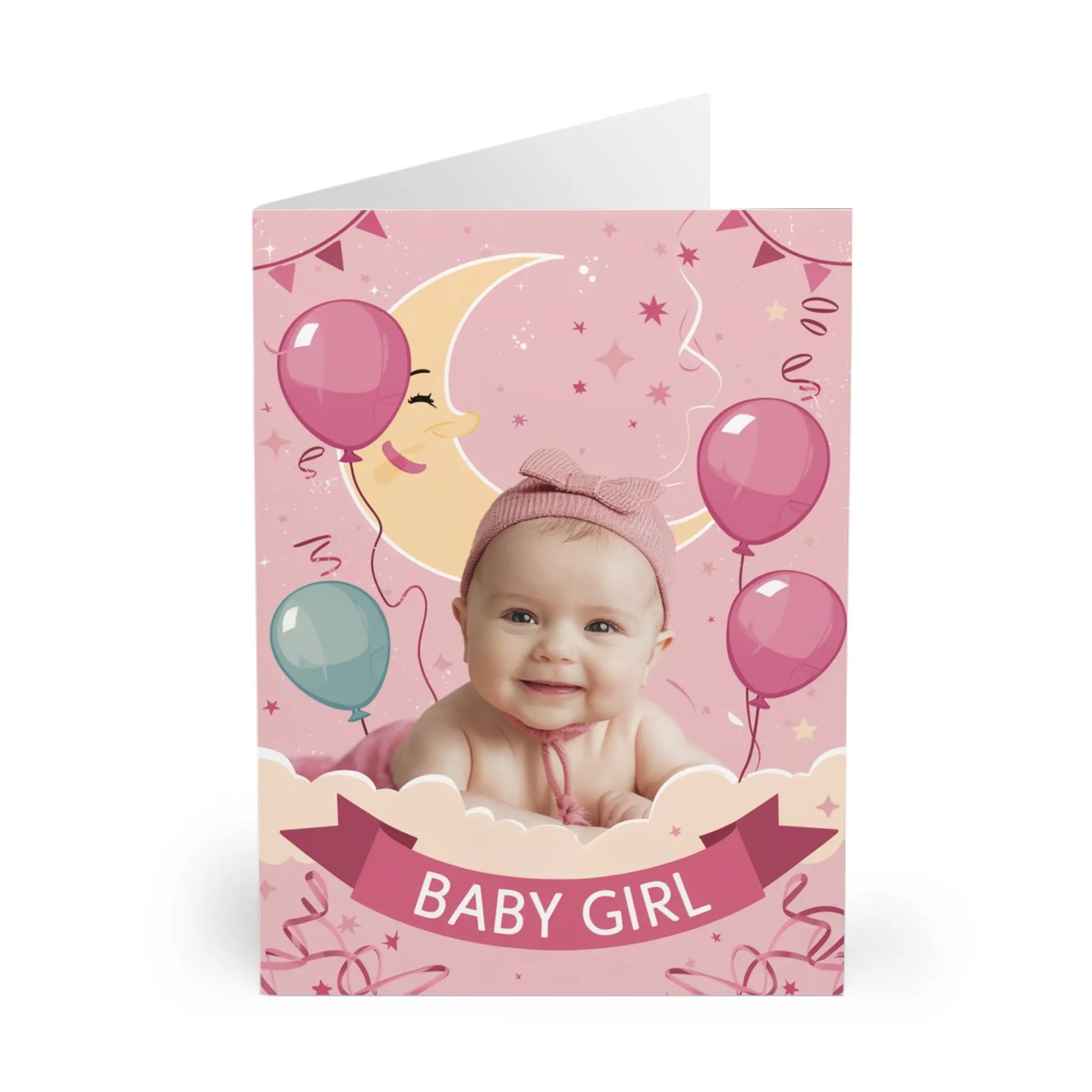 front of New Baby Girl Cards  Cute Pink Baby & Balloons