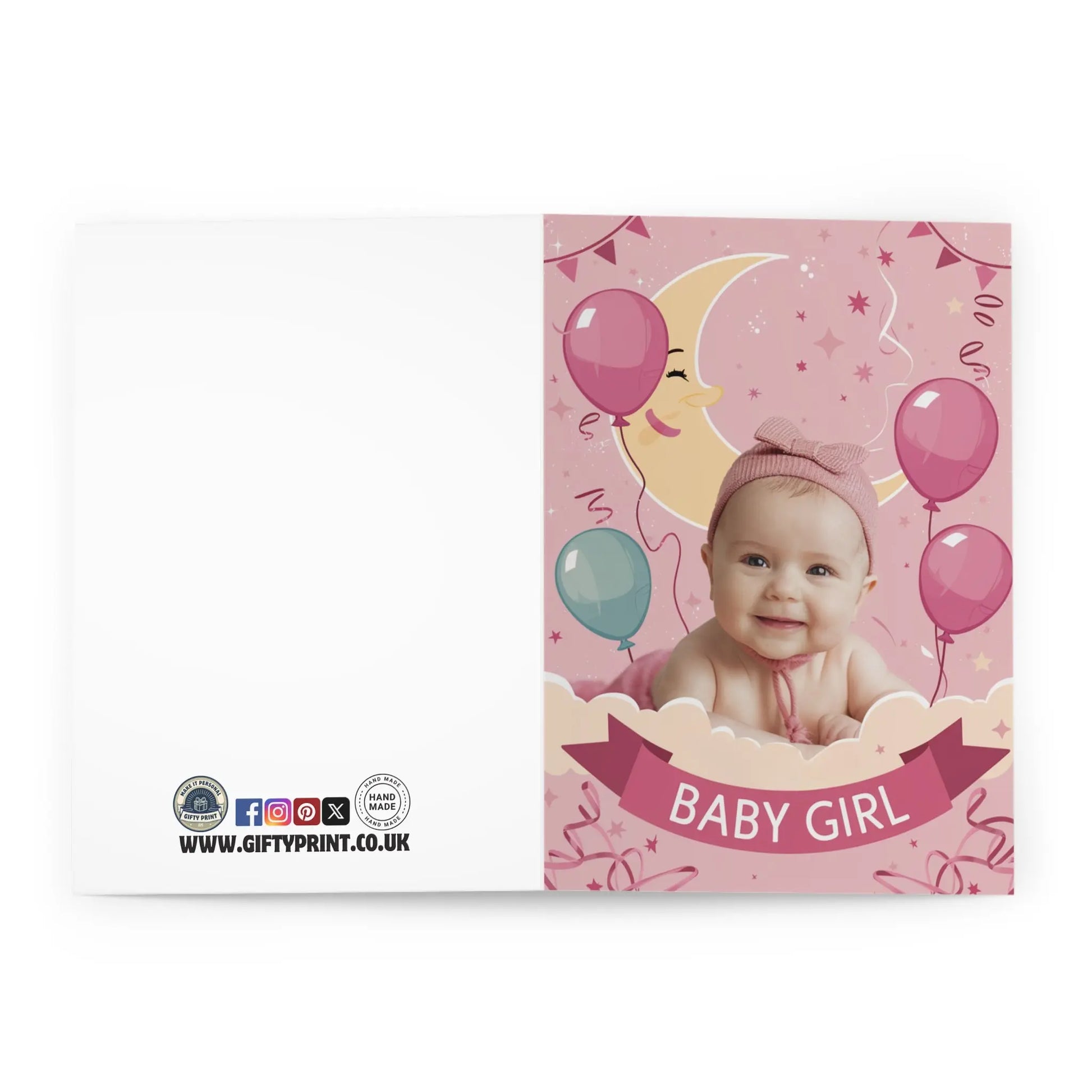 open view New Baby Girl Cards  Cute Pink Baby & Balloons