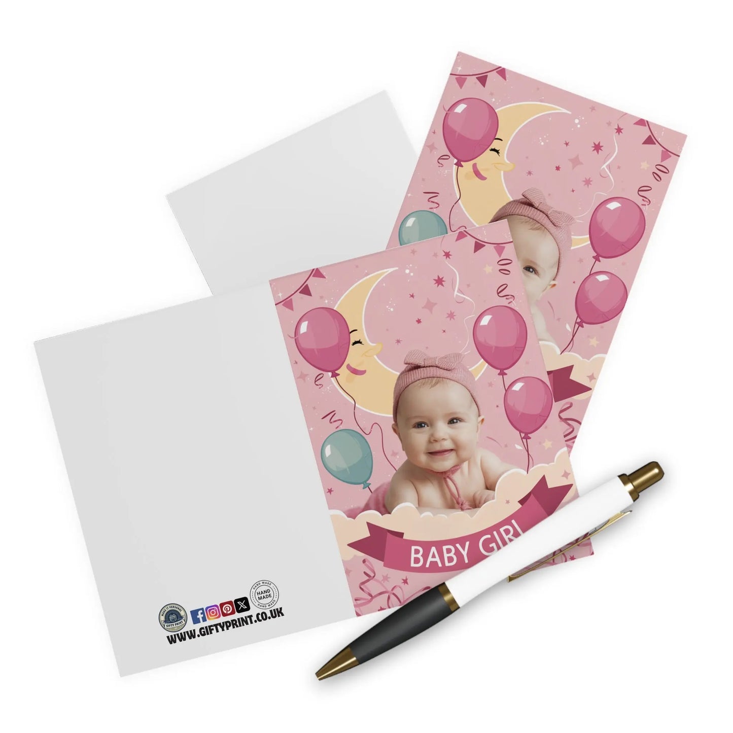 context view New Baby Girl Cards  Cute Pink Baby & Balloons