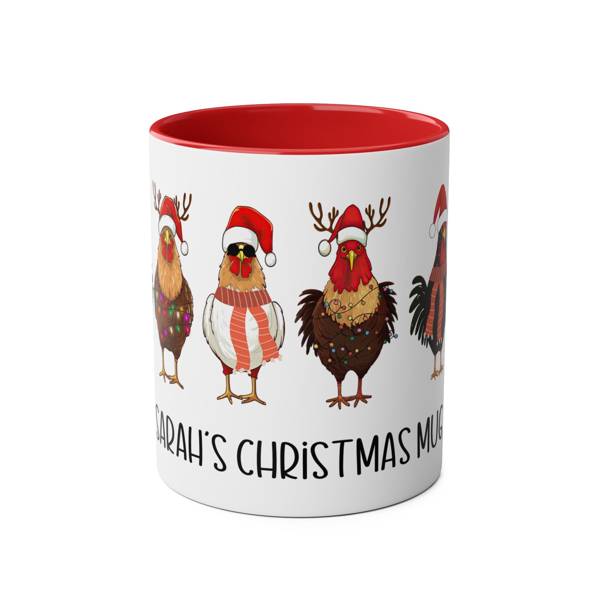 Front Personalised Red Christmas Chickens Mug