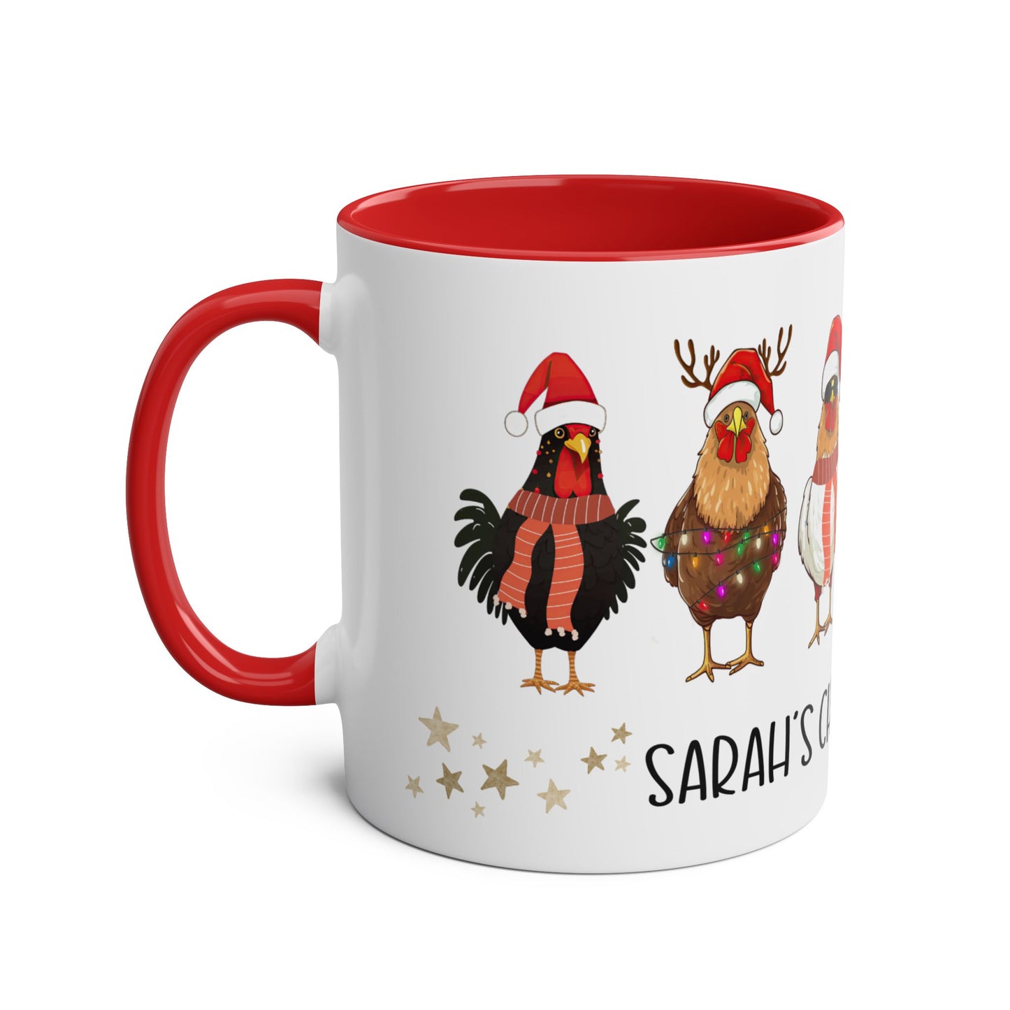 Left Personalised Red Christmas Chickens Mug