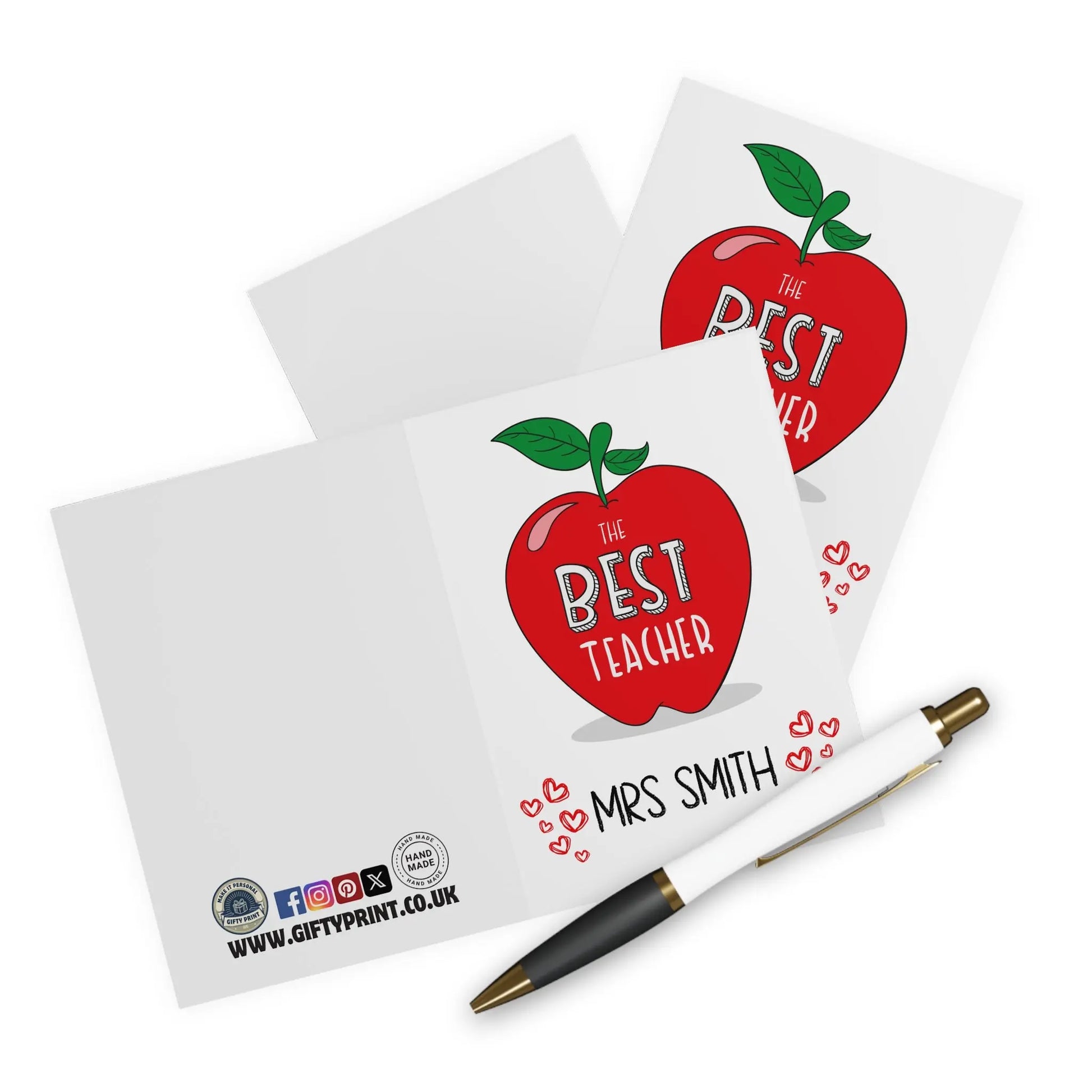 with pen view of Personalised Red Apple Teachers Card