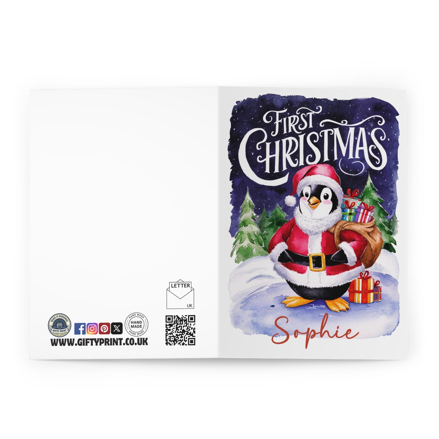 Open Personalised Babies First Christmas Card Cute Santa Penguin