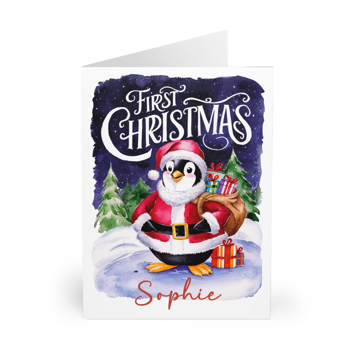 Personalised Babies First Christmas Card Cute Santa Penguin front