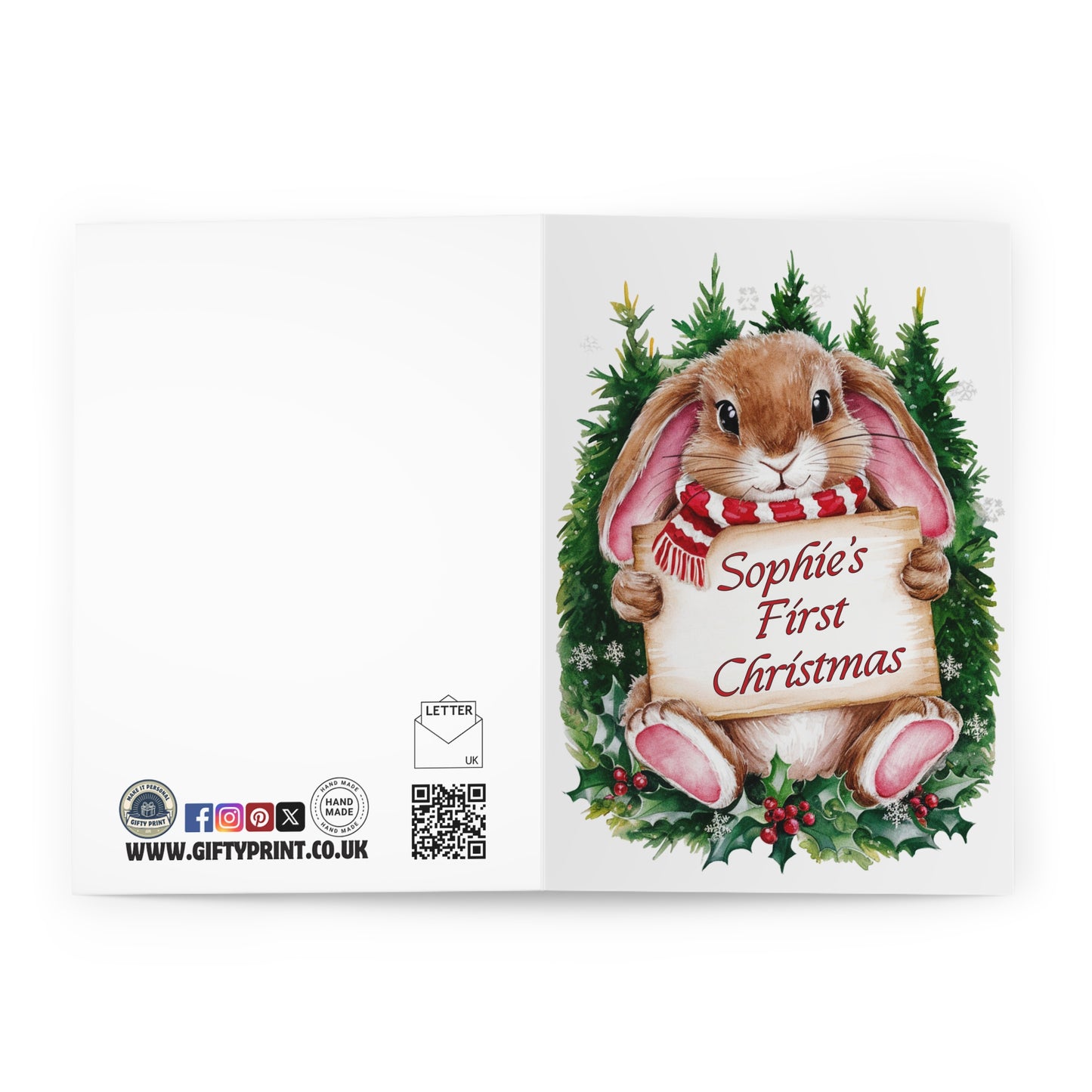 Personalised Babies First Christmas Card Cute Rabbit open 