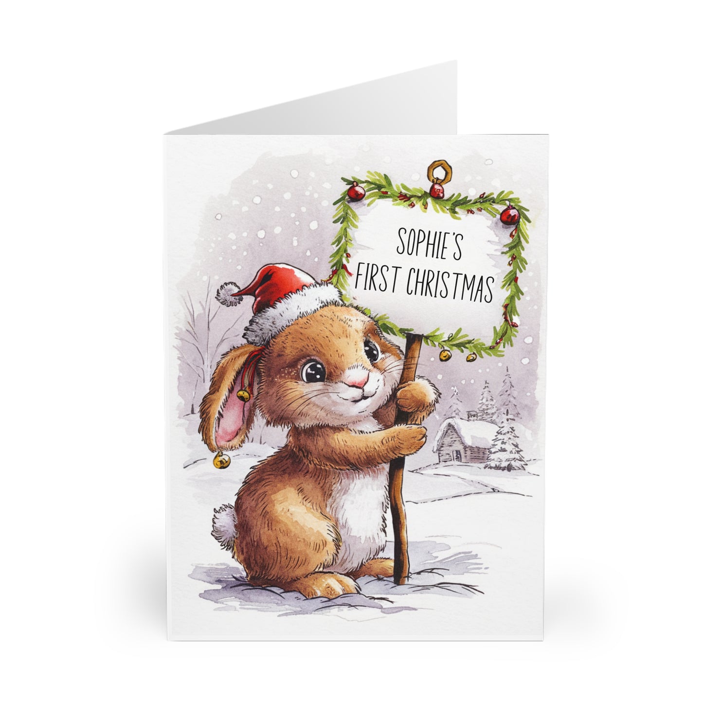 Personalised Babies First Christmas Card Watercolour Rabbit front